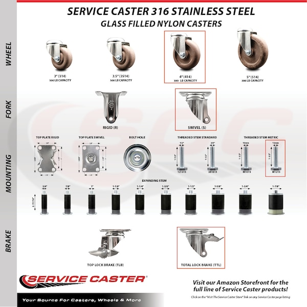 Service Caster 4 Inch 316SS High Temp Glass Filled Nylon 12mm Stem Caster Set Lock Brake SCC-SS316TSTTL20S414-GFNSHT-M1215-4 - main